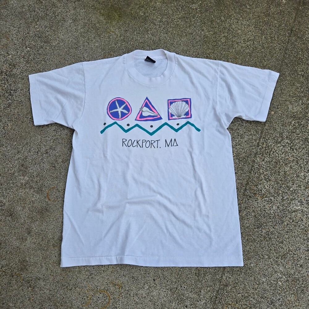 Vtg 90s ROCKPORT MASS Sea Shells Graphic Massachusetts Beach T Shirt M USA